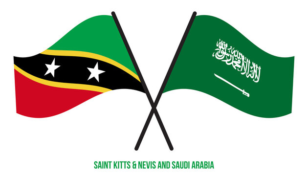 Saint Kitts & Nevis and Saudi Arabia Flags Crossed And Waving Flat Style. Official Proportion.
