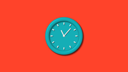 Cyan color 12 hours 3d wall clock isolated on red background,clock icon