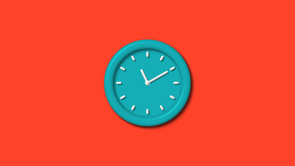 Cyan color 12 hours 3d wall clock isolated on red background,clock icon