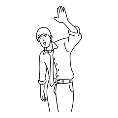 Businessman greeting someone with his hand raised up. Isolated on white background
