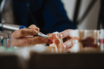 A dental technician processes a cast from the jaw of the patient.