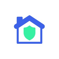Home with shield icon vector, filled flat sign, bicolor pictogram, house insurance green and blue colors. Symbol, logo illustration