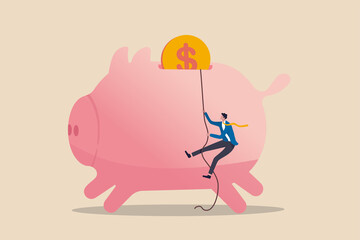 Personal finance strategy, income tax or investment target for office worker retirement concept, confidence businessman using rope to climb up pink piggy bank with golden money coin as final target.