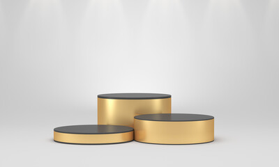 Illustrations for advertising. Empty presentation stand podium on white background. Three cylindrical stepped blocks. 3D rendering.