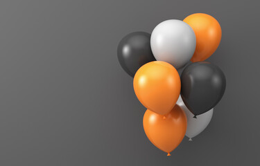 Halloween. Composition of black, orange and white balloons against a gray wall. 3d render illustration. Illustrations for advertising. - obrazy, fototapety, plakaty