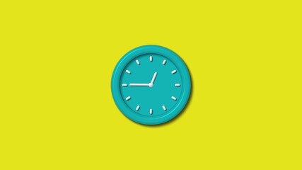 Cyan color 12 hours 3d wall clock isolated on yellow background