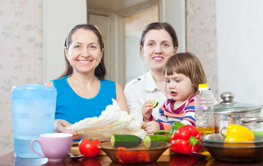 women with child together cooking veggie lunch in the kitchen