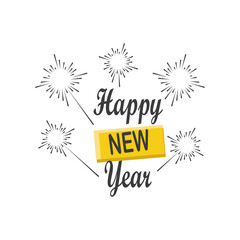 Happy new year with fireworks and ribbon detailed style icon vector design