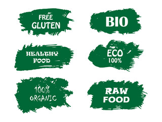 Organic, bio, eco, natural product, vegan food, natural farming, vegetarian labels Vector collection of paint brush strokes isolated on white background. Hand drawn abstract design elements set.