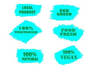 Organic, bio, eco, natural product, vegan food, natural farming, vegetarian labels Vector collection of paint brush strokes isolated on white background. Hand drawn abstract design elements set.