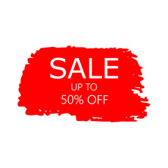 Sale 50% off sign over art red brush acrylic stroke paint abstract texture background vector illustration. Acrylic paint brush stroke. Grunge ink brush stroke. Sale layout design for shop and banner.