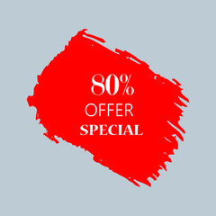 80% special offer sign over art red brush acrylic stroke paint abstract texture background vector illustration. Acrylic paint brush stroke. Grunge ink brush stroke. Offer layout design for shop.