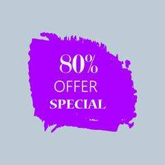 80% special offer sign over art purple brush acrylic stroke paint abstract texture background vector illustration. Acrylic paint brush stroke. Grunge ink brush stroke. Offer layout design for shop.