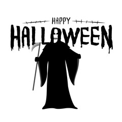 Happy halloween lettering design with death skull in worn hood. Trick or treat concept. Vector illustration design for poster, banner, greeting card, invitation.