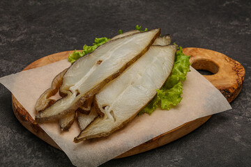Delicous smoked halibut slices snack