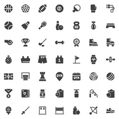 Sports equipment vector icons set, modern solid symbol collection, filled style pictogram pack. Signs, logo illustration. Set includes icons as basketball, soccer ball, tennis, clothes, exercise plan