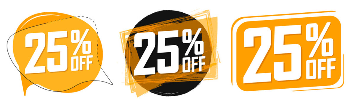 Set Sale 25% off banners, discount tags design template, lowest price, vector illustration