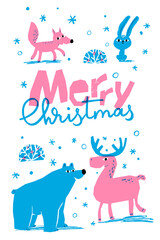 Merry Christmas vector winter poster with cute animals