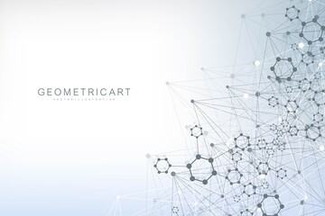 Science network pattern, connecting lines and dots. Technology hexagons structure or molecular connect elements.