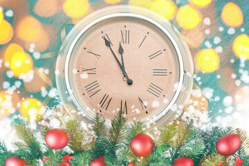 Obraz na płótnie Canvas Clock, decor and snow against blurred lights. Christmas time