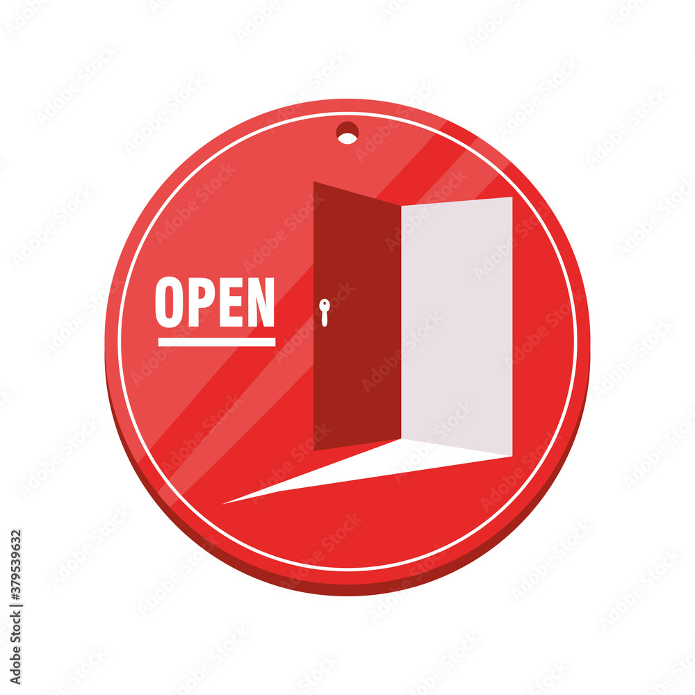 Poster open in red label with door detailed style icon vector design