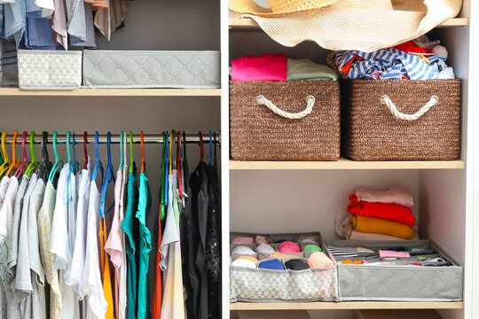 Modern wardrobe with clean clothes - a closet with clothes and hats