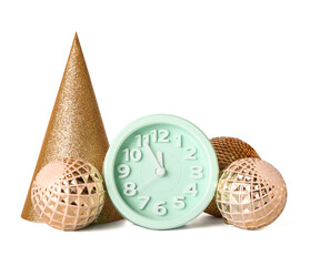 Clock and Christmas decor on white background