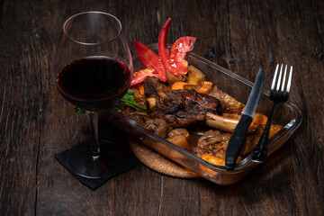Roasted lamb leg with potatoes fresh cooked out of the oven. Delicious roasted ribs. Appetizing baked lamb shins from oven with vegetable garnish of french fries, parsley. Red wine. Dark wood table
