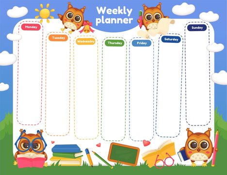Vector illustration of a weekly schedule with cute owls for children.