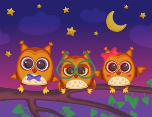 Fototapeta premium Night owls childish cartoon characters sitting on tree branch, flat vector illustration.