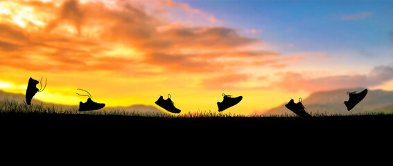 Concept design for Trail running : Silluette running Shoe running along the way at the sunset time.