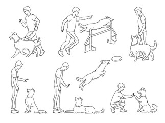 Scenes of dog training with sketch line characters vector illustration isolated.