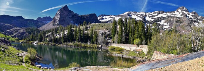 Lake Blanche Hiking Trail panorama views. Wasatch Front Rocky Mountains, Twin Peaks Wilderness,  Wasatch National Forest in Big Cottonwood Canyon in Salt Lake County Utah. United States. - obrazy, fototapety, plakaty