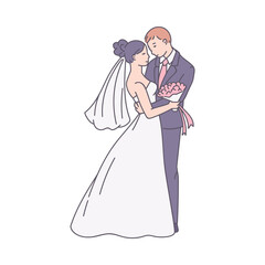 Fototapeta premium Bride in white dress and groom cartoon sketch vector illustration isolated.