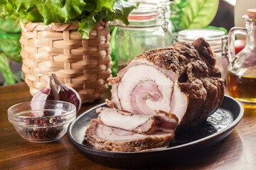 Baked pork belly roulade. Bacon rolls