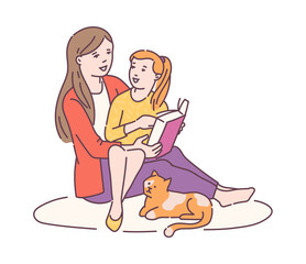 Mother and daughter reading a book together sketch vector illustration isolated.