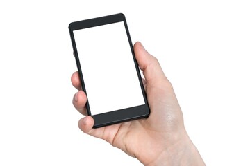 Mobile with blank white touch screen in hand of woman