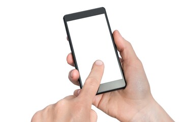 Mobile with blank white touch screen in hands of woman