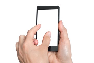 Mobile with blank white touch screen in hands of woman