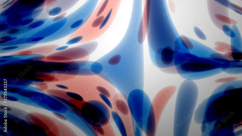 Poster blue and red blobs of fine thin oil liquid flowing inside abstract space