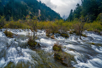The small waterfalls at pearl beach, in Jiuzhai Valley Park, Sichuan, China.