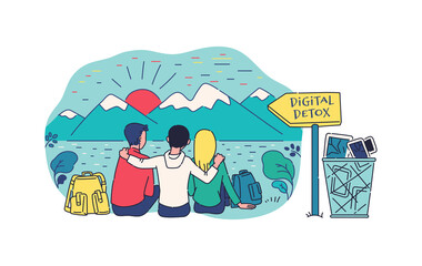 Breaking gadget addiction and digital detox sketch vector illustration isolated.