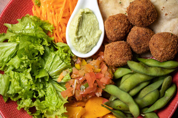 Vegan falafel with vegetables and tzatziki sauce. Arabic food. Middle eastern style Buddha bowl with falafel, pita, tomato, soybean, butternut squash, greens, salad, and tahini sauce. Orange, green