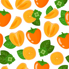 Vector cartoon seamless pattern with Diospyros or Persimmon exotic fruits, flowers and leafs on white background