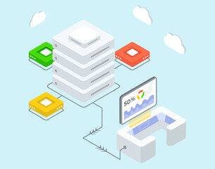
Computer connected with dataserver, data backup isometric illustration 
