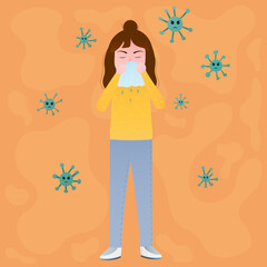 Little girl sneezing, having flu or cold symptoms, with handkerchief in hand, vector cartoon illustration, medical concept