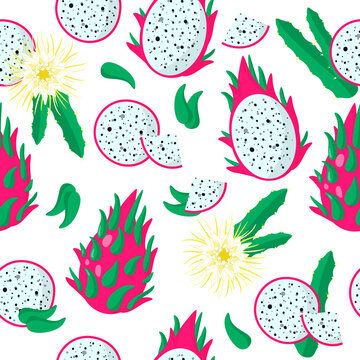 Vector cartoon seamless pattern with Hylocereus or dragonfruit exotic fruits, flowers and leafs on white background