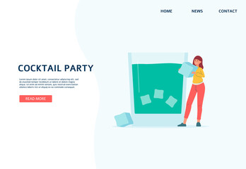 Cocktail drink with ice cubes - website banner template with cartoon woman