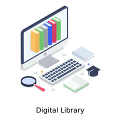 
Magnifier with computer depicting digital library 
