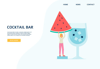 Web page mockup for summer cocktail bar with tiny woman flat vector illustration.